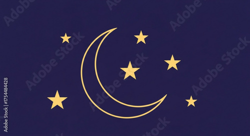 Golden crescent moon and stars on a dark blue background create a serene and magical night sky scene, perfect for bedtime stories and dreamy illustrations