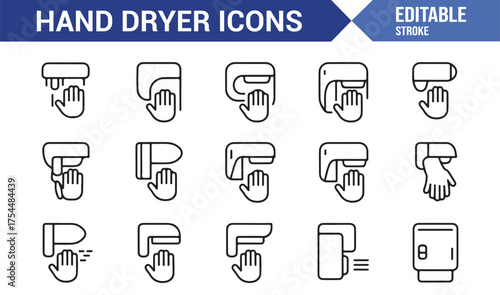 Collection of hand dryer illustrations for hygiene, technology, and clean facility concepts