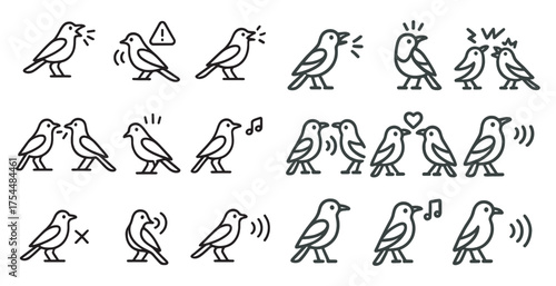 Bird communication line icons set – outline, linear, avian interaction designs