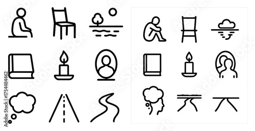 Meditation and relaxation linear icons set – outline, silhouette, mindfulness symbols