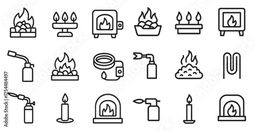 Fire and heat line icons set – updated, outline, flame and warmth symbols