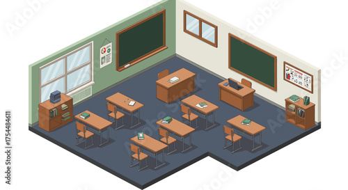 Isometric classroom interior with desks and chalkboards in neutral tones