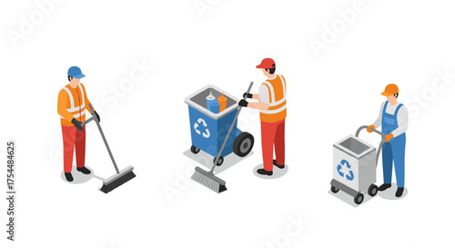 Isometric workers with recycling bins and tools on clean background