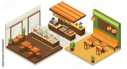 Modern isometric bakery and cafe interior with cozy seating and display counters
