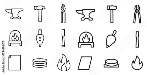 Blacksmithing line icons set – outline, minimalist, metalwork symbols for crafting.