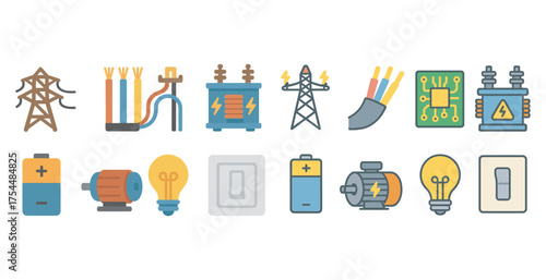 Electricity and power icons set – flat, filled, energy and utility symbols.