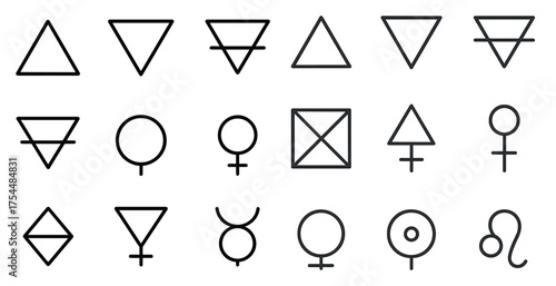 Alchemy and zodiac outline icons set – linear, mystical, astrology symbols