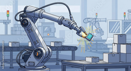 Automated assembly line with robotic arm placing a product in a box, showcasing modern manufacturing and industrial automation