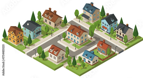 Charming suburban neighborhood with colorful houses in isometric style