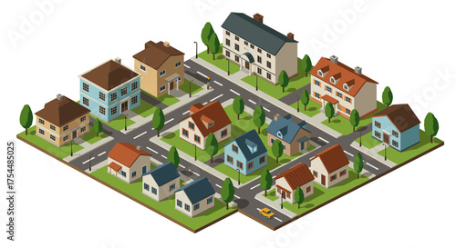 Isometric suburban neighborhood with roads and green spaces