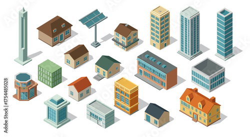 Isometric urban architecture set with diverse building types