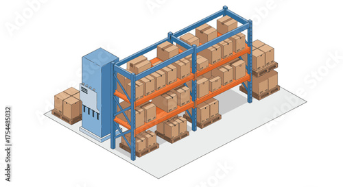 Isometric warehouse storage shelving with cardboard boxes and pallets