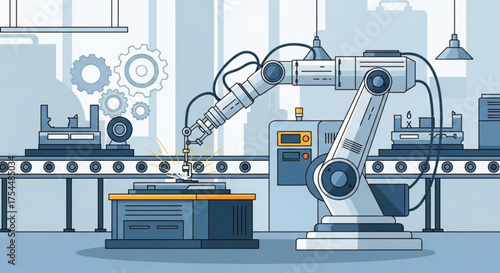 Automated assembly line with robotic arm working on a product, showcasing modern manufacturing and industrial automation