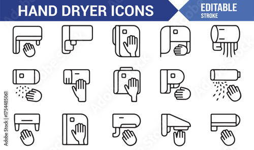 Editable vector set of automatic hand dryer icons in line art style for hygiene and sanitation design