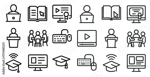 Education and learning outline icons set – linear, flat, academic and teaching symbols