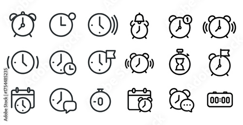 Clock and timer outline icons set – linear, timekeeping, schedule symbols