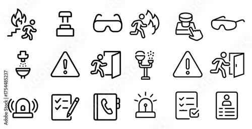 Safety and alert icons set – outline, linear, emergency and warning symbols