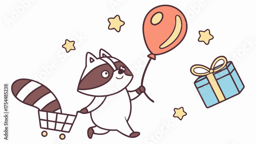 Cute SVG of a Dreamy Raccoon in Shopping Spree colors, featuring with a balloon in a Black Friday / Cyber Monday setting
