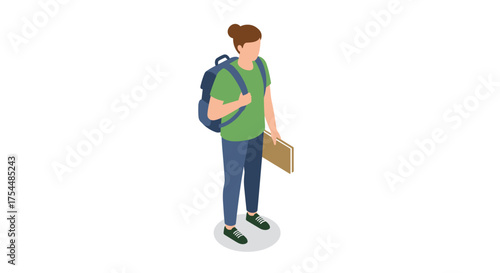 Isometric young student with backpack and notebook