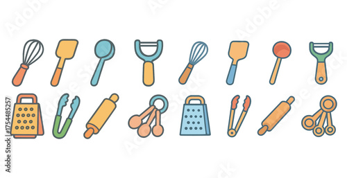 Kitchen and cooking flat icons set – culinary, utensil, meal preparation graphics.