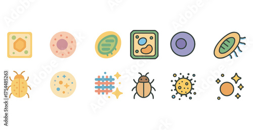 Biology and microorganisms line icons set – flat, outline, cell and bacteria vectors