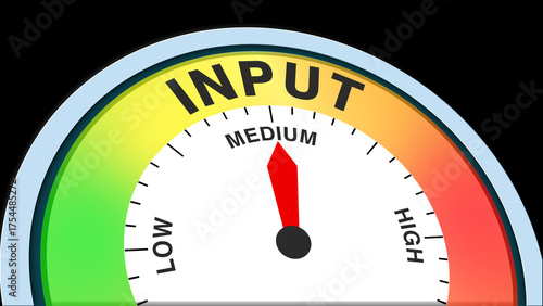 Tableau sur toile Input medium, text, word level concept illustration with barometer or tachometer meter on black background