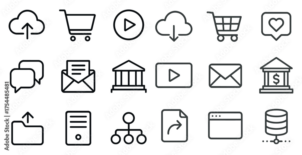 Fototapeta premium Cloud computing outline icons set – linear, digital, technology and data symbols