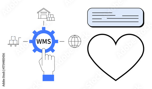 Hand pointer activating WMS gear surrounded by warehouse, delivery, world icons, air conditioner, and heart. Ideal for logistics, supply chain, inventory, technology efficiency reliability