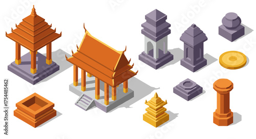 Isometric thai architecture elements on white background