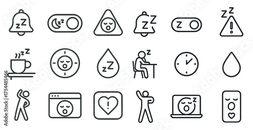 Sleep and rest outline icons set – linear, line, relaxation and bedtime symbols