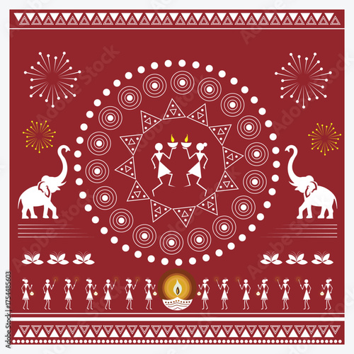 Traditional Warli art 2d flat vector illustration on Diwali Celebration