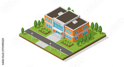 Isometric school building with surrounding trees and pathway on white background