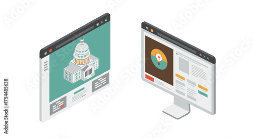 Isometric design of government building and creative workspace on computer screens
