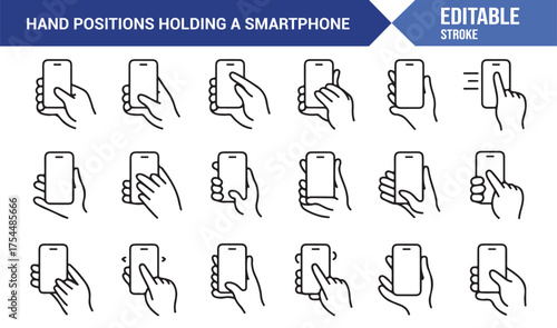 Modern line icons showing various hand gestures using mobile phone for technology concepts