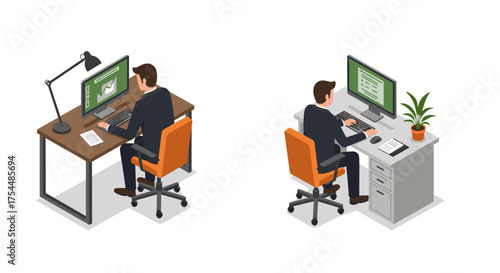 Businessman working at desk in isometric office setup with computer and modern workspace design