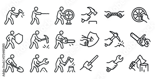 Manual labor line icons set – construction, tools, and repair symbols