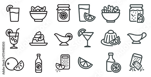Food and drink outline icons set – linear, beverages, dining and cuisine symbols