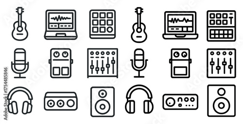 Music and audio outline icons set – linear, flat, sound and recording equipment graphics