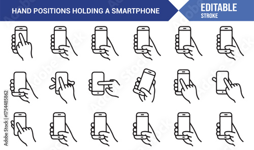 Linear vector illustration of hands operating smartphone with different gestures and grips