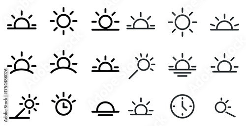 Sunrise and sunset icons set – line, silhouette, dawn and dusk symbols