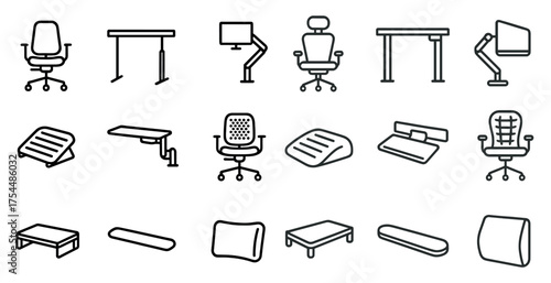 Office furniture outline icons set – desk, chair, ergonomic workspace symbols