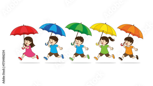 Joyful Run in the Rain: A vibrant depiction of children joyfully running with colorful umbrellas. Capturing the essence of playful moments amidst the downpour. 