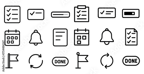 Task and reminder outline icons set – checklist, calendar, alert symbols