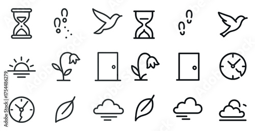 Nature and time outline icons set – minimalist, linear, simplicity and clarity symbols