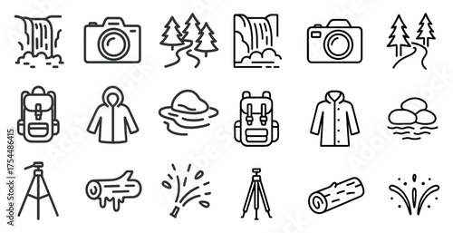 Outdoor adventure outline icons set – flat, silhouette, nature and travel symbols