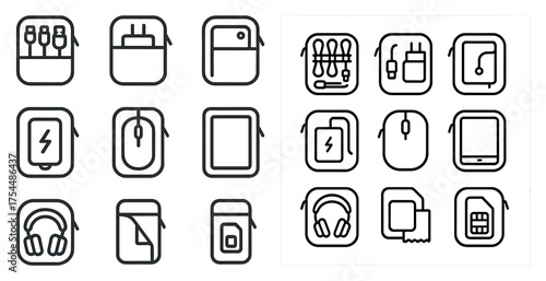 Tech and gadget outline icons set – flat, linear, digital and electronic symbols
