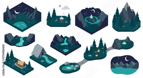 Isometric nighttime camping landscapes with forest and mountain scenes