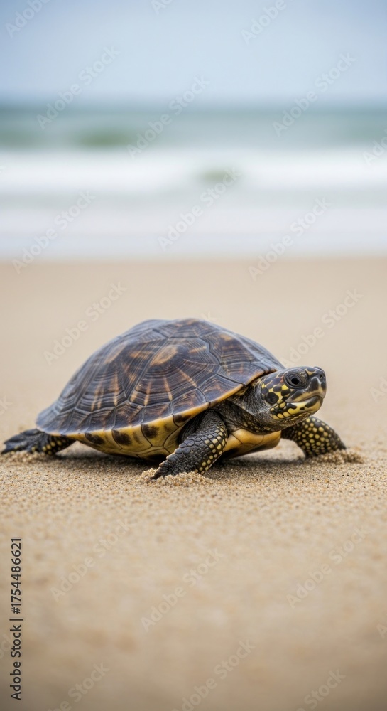 Obraz premium Small terrapin turtle walking on a sandy beach shore.