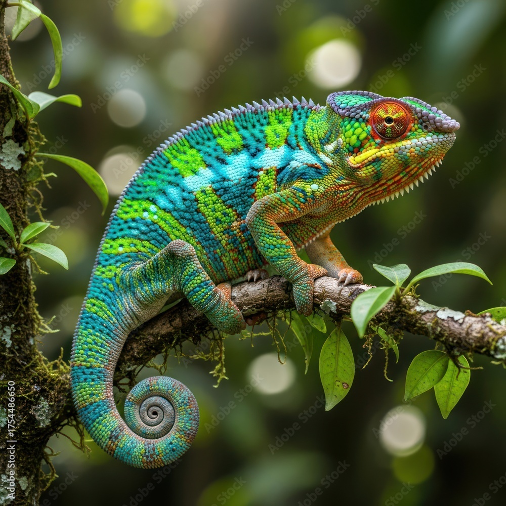 Obraz premium Vibrant Panther Chameleon Perched on a Branch in Lush Green Forest.