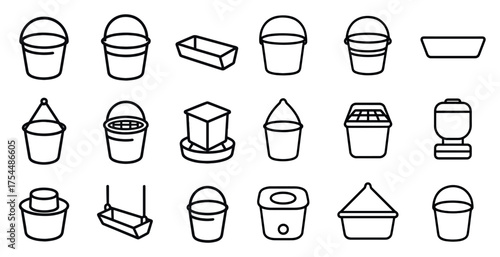 Bucket and container outline icons set – silhouette, vector symbols for storage